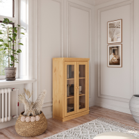 Estante de madeira com 1,19 m no acabamento cera natural com duas portas de vidro/ Coleção biblioteca